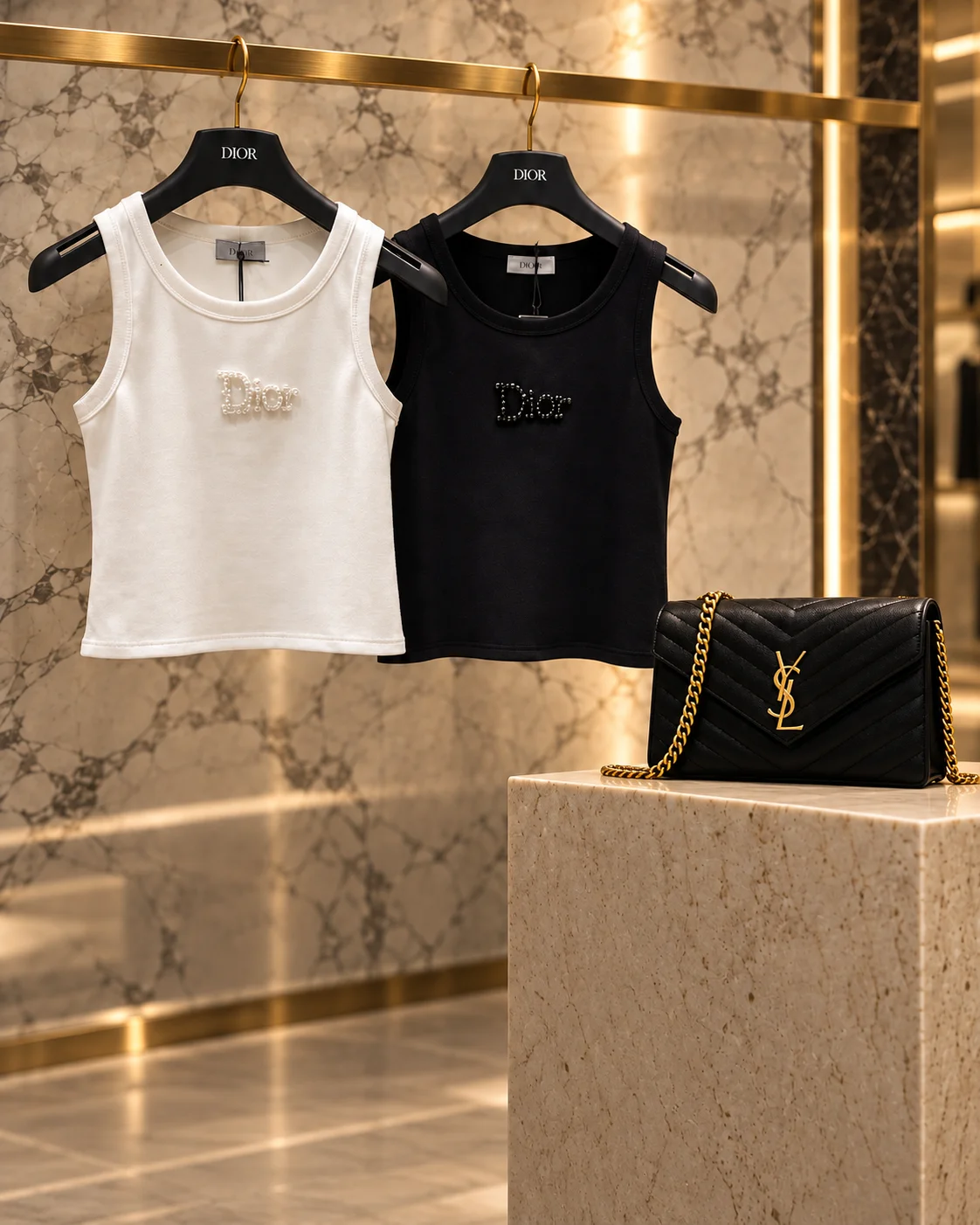 Tops blanco y negro y bolsa negra con cadena dorada en una composición editorial